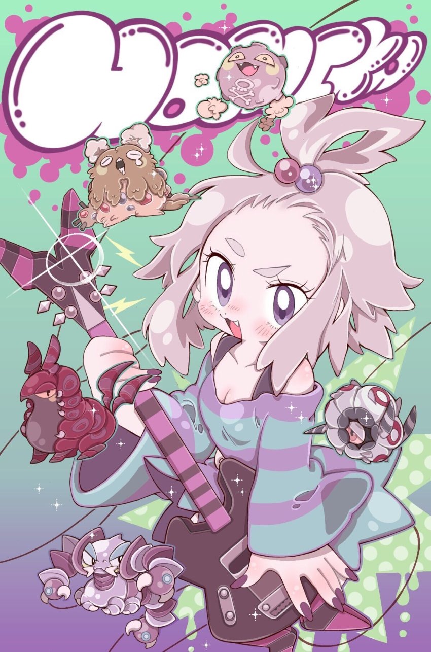 :3 bad_id bad_twitter_id bass_guitar breasts cleavage drapion dress fang forehead garbodor gen_1_pokemon gen_4_pokemon gen_5_pokemon gym_leader hair_bobbles hair_ornament highres instrument koffing looking_at_viewer mum024 nintendo pokemon pokemon_(creature) pokemon_bw2 roxie_(pokemon) scolipede sparkle striped_clothes striped_dress whirlipede white_hair