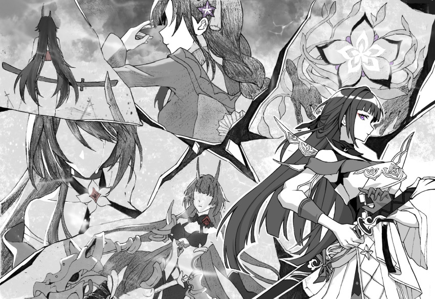 3girls acheron_(honkai:_star_rail) acheron_(izumo)_(honkai:_star_rail) arm_up armor asymmetrical_horns bare_shoulders blunt_bangs bow_(weapon) braid chinese_commentary closed_mouth collarbone commentary detached_sleeves dress dual_persona english_commentary eyeliner faceless faceless_female fay2669127 flower flower_ornament from_behind from_side genshin_impact hair_between_eyes hair_down hair_intakes hair_ornament highres holding holding_sword holding_weapon honkai:_star_rail honkai_(series) honkai_impact_3rd horns in-franchise_crossover japanese_clothes katana kimono long_braid long_hair long_horns long_sleeves looking_at_viewer looking_to_the_side makeup mihoyo mixed-language_commentary monochrome multiple_girls off_shoulder partially_colored procreate_(medium) purple_eyes purple_flower raiden_mei raiden_mei_(apho) raiden_mei_(herrscher_of_thunder) raiden_shogun red_eyeliner red_sash sash sawashiro_miyuki shoulder_armor single_braid standing sword uneven_horns weapon wide_sleeves