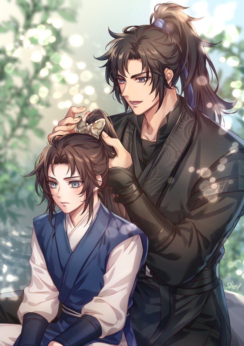 2boys absurdres aged_down black_hair black_hanfu black_pants black_sash blue_eyes blue_hanfu blue_ribbon blurry blurry_background blush brown_hair chinese_clothes chu_wanning closed_mouth erha_he_tadebai_mao_shizun hair_ribbon hanfu high_ponytail highres holding_another&#039;s_hair long_hair long_sleeves looking_at_another lower_teeth_only male_focus mo_ran multiple_boys on_rock open_mouth outdoors pants plant ponytail purple_eyes ribbon sash sitting smile teeth white_pants xia_sini xiao_guan_(headdress) zehel_az zhijupao
