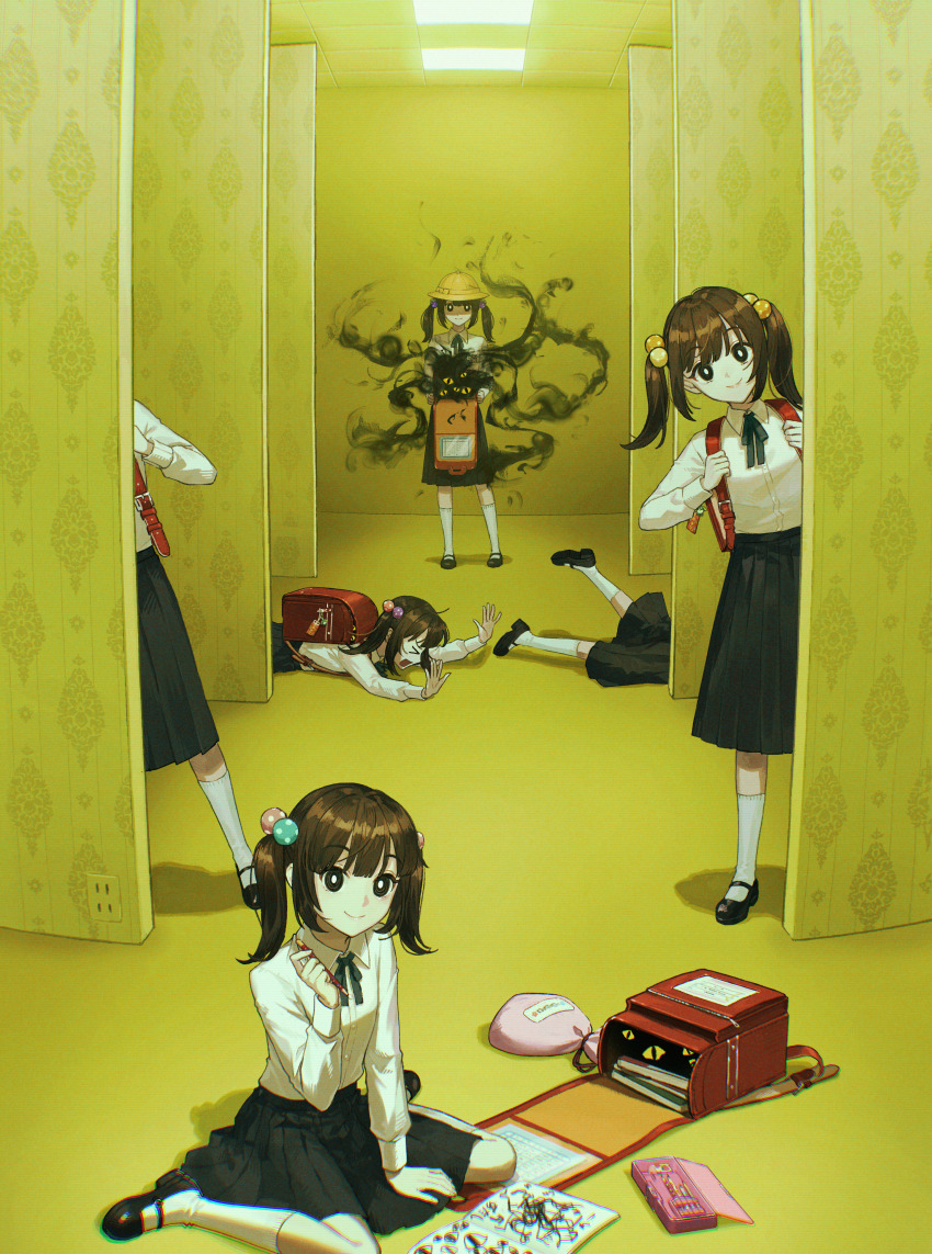 &gt;_&lt; 4girls absurdres backpack backrooms_(creepypasta) bag bag_charm black_eyes black_footwear black_skirt blue_ribbon brown_hair buttons ceiling_light charm_(object) closed_mouth doodles dress_shirt electrical_outlet fallen_down hair_ornament hat highres holding holding_bag holding_pencil holding_strap horror_(theme) indoors kotobuki_nashiko long_sleeves looking_at_viewer lying mary_janes medium_hair multiple_girls multiple_persona neck_ribbon notebook on_floor on_stomach open_bag open_mouth original pencil pencil_case pink_bag pleated_skirt randoseru red_bag ribbon school_bag school_hat school_uniform scribble shirt shoes sitting skirt smile socks standing twintails unworn_backpack unworn_bag wariza white_shirt white_socks yellow_eyes yellow_hat