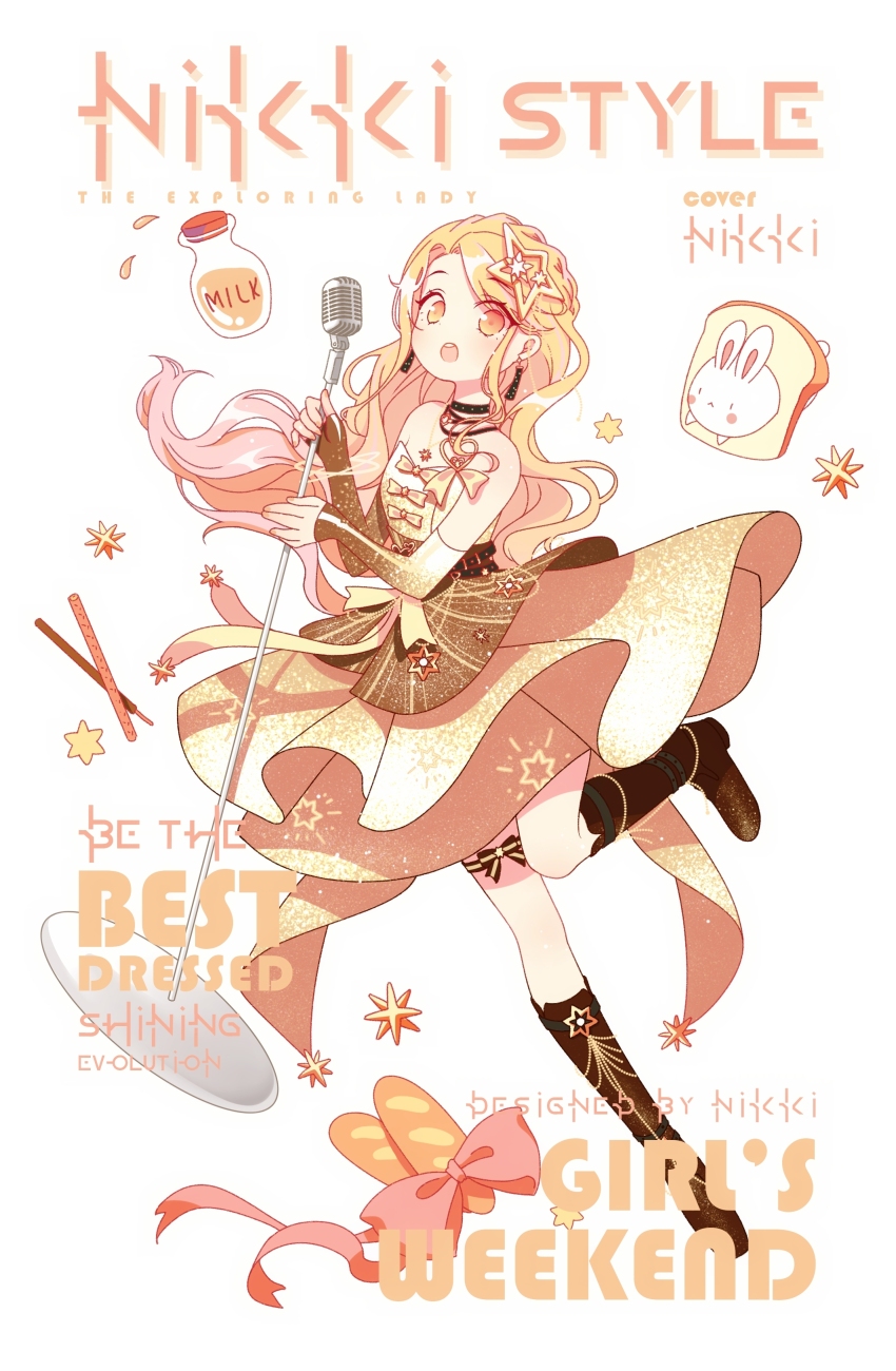 1girl absurdres baguette bare_shoulders black_arm_warmers black_boots black_bow black_socks blonde_hair boots bow bow_button bow_legwear bread bread_slice character_request chinese_commentary coattails commentary_request copyright_name cork cover dress earrings english_text eyelashes fake_magazine_cover food full_body gradient_arm_warmers gradient_hair hair_ornament happy high_heel_boots high_heels highres holding holding_microphone_stand idol jar jewelry knee_boots kneehighs leg_up light_blush magazine_cover microphone microphone_stand milk miniskirt multicolored_hair necklace nikki_(series) open_mouth pink_bow pink_hair pleated_dress rabbit shining_nikki simple_background situ&#039;erte_tiezhu skirt skirt_under_dress smile socks solo standing star_(symbol) star_hair_ornament star_print strapless strapless_dress striped_bow tareme tassel tassel_earrings teeth thigh_strap toast upper_teeth_only white_arm_warmers white_background yellow_bow yellow_dress yellow_eyes yellow_skirt