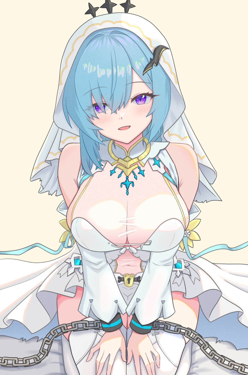 1girl absurdres aqua_hair bare_shoulders bound bound_wrists breasts bridal_veil chain cleavage commentary_request covered_navel detached_sleeves dress epic_seven highres kneeling konjou large_breasts long_hair looking_at_viewer open_mouth purple_eyes see-through_cleavage see-through_clothes see-through_dress senya_(epic_seven) skindentation smile solo thighhighs veil white_dress white_thighhighs yellow_background
