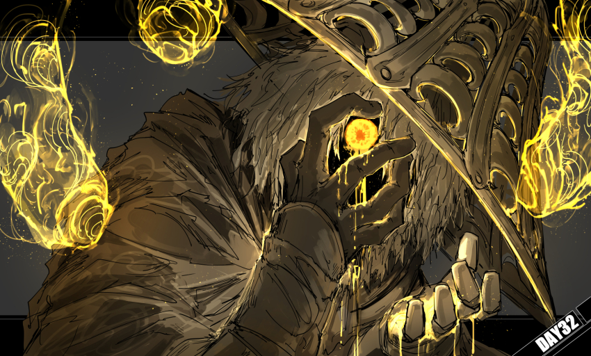 1boy elden_ring glowing glowing_eyes grey_hair hat highres kankan33333 looking_at_viewer shabriri_(elden_ring) solo wide-eyed yellow_eyes