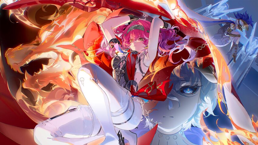 2girls armlet armor arms_up bodysuit boots breastplate breasts character_request closed_mouth commentary hair_between_eyes hair_ornament hairband hashtag-only_commentary highres holding holding_polearm holding_weapon jewelry long_hair lupa_(wuthering_waves) medium_breasts metal_hairband multiple_girls pink_hair polearm red_sash samo_(shichun_samo) sash tacet_mark_(wuthering_waves) thigh_boots two-handed weapon white_bodysuit white_boots wolf wrist_guards wuthering_waves yellow_eyes