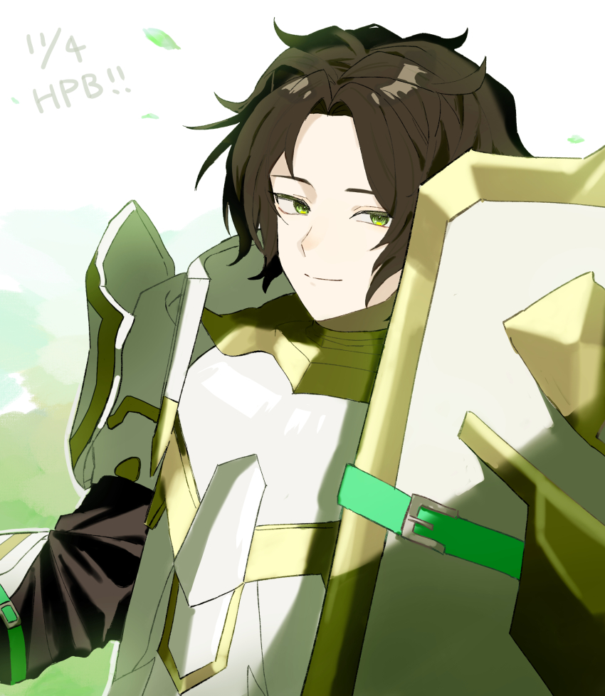 1boy armor black_hair commentary_request fire_emblem fire_emblem_engage green_eyes highres holding holding_shield looking_at_viewer louis_(fire_emblem) male_focus nintendo plate_armor rororotsu shield upper_body white_armor