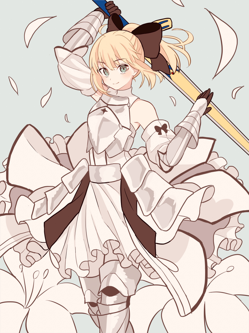 1girl absurdres ahoge armor armored_dress artoria_pendragon_(fate) bad_id bad_pixiv_id bare_shoulders blonde_hair bow caliburn_(fate) detached_sleeves dress fate/grand_order fate_(series) gloves green_eyes hair_bow highres looking_at_viewer lq_saku ponytail ribbon saber_lily smile solo sword weapon