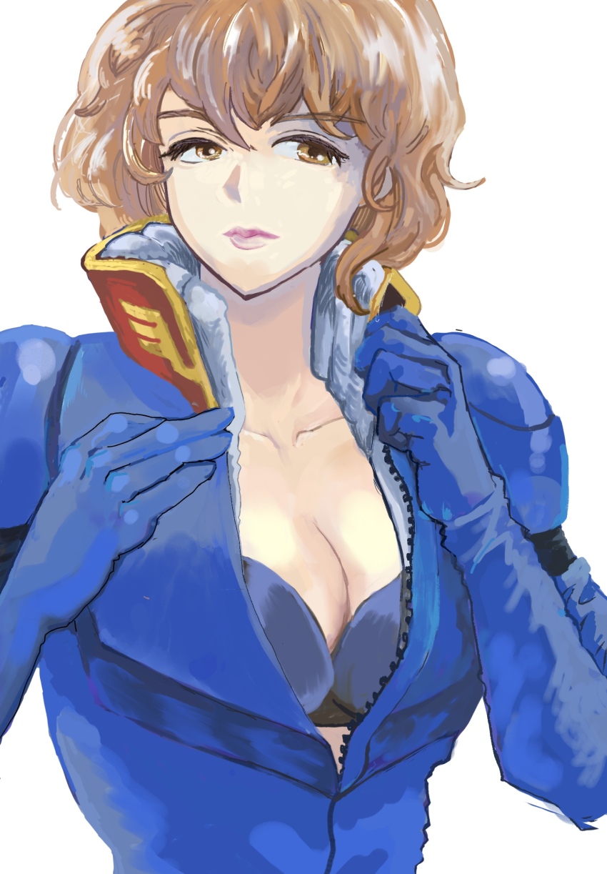 1girl breasts char&#039;s_counterattack cleavage gundam highres looking_at_viewer mecha_pilot_suit medium_hair normal_suit_(gundam) okrdisk2000 orange_eyes orange_hair rezin_schnyder solo upper_body zipper