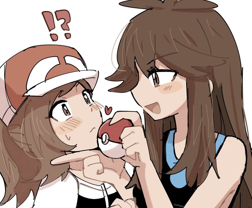 !? 2girls :d black_shirt blush brown_eyes brown_hair closed_mouth creatures_(company) elaine_(pokemon) game_freak green_(pokemon) han0579 hat highres long_hair looking_at_another multiple_girls nintendo open_mouth poke_ball poke_ball_(basic) pokemon pokemon_lgpe ponytail red_hat shirt sleeveless sleeveless_shirt smile upper_body white_background yuri