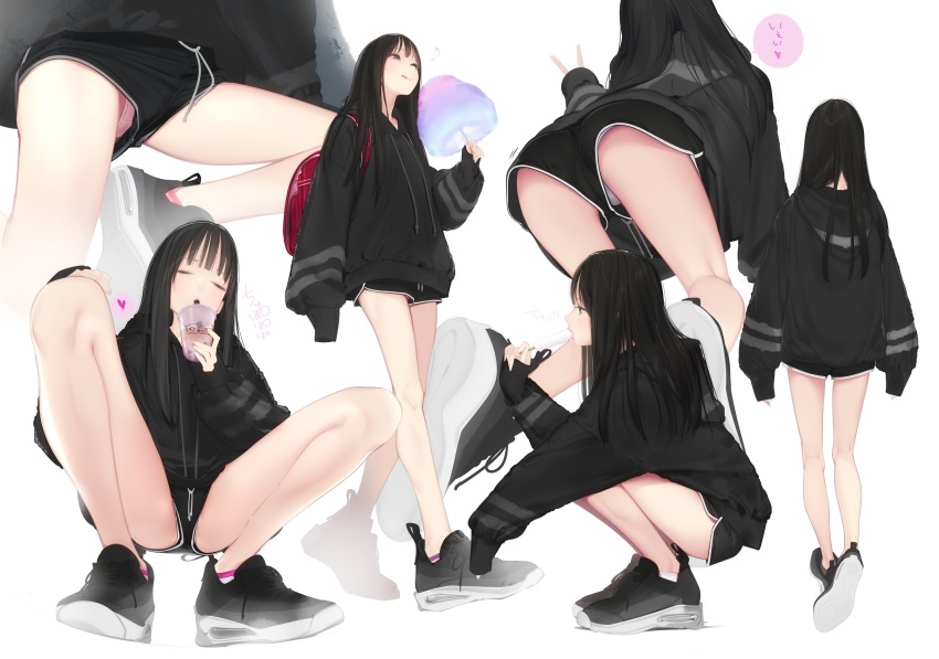 1girl absurdres ama_mitsuki ass backpack bad_tag bag black_hair black_hoodie bubble_tea cotton_candy eating female flat_ass food food_in_mouth from_behind from_below full_body highres hood hoodie legs long_hair long_sleeves multiple_views original panties panty_focus pantyshot phallic_symbol pink_panties popsicle popsicle_in_mouth profile randoseru red_bag sexually_suggestive shoes shorts skinny sleeves_past_fingers sleeves_past_wrists sneakers squatting underwear upshorts white_panties