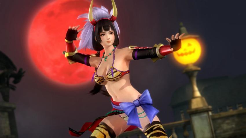 1girl 3d breasts dead_or_alive dead_or_alive_5 female_focus fighting_stance halloween ii_naotora large_breasts moon night official_art official_wallpaper sengoku_musou solo