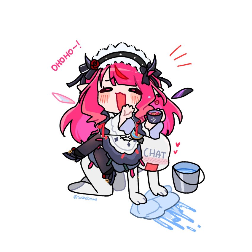1girl 1other :3 :d all_fours artist_name black_pantyhose blush blush_stickers bucket chibi chibi_only closed_eyes commentary crossed_legs english_commentary highres hololive hololive_english horns irys_(hololive) irys_(maid)_(hololive) long_hair maid_headdress open_mouth pantyhose pink_hair pointy_ears shibedraws simple_background sitting sitting_on_person smile twitter_username virtual_youtuber water white_background