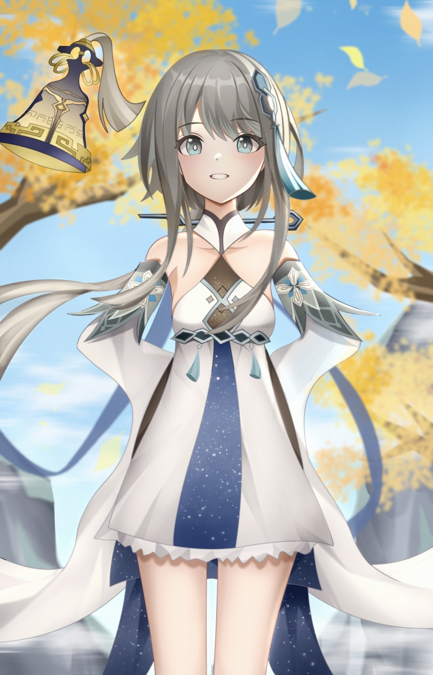 1girl absurdres bare_shoulders blue_eyes brown_hair closed_mouth detached_sleeves dress genshin_impact grey_hair guizhong_(genshin_impact) hair_between_eyes hair_ornament highres kenomotsu_yukuwa long_hair long_sleeves looking_at_viewer open_mouth sleeves_past_fingers sleeves_past_wrists smile solo tassel white_dress wide_sleeves