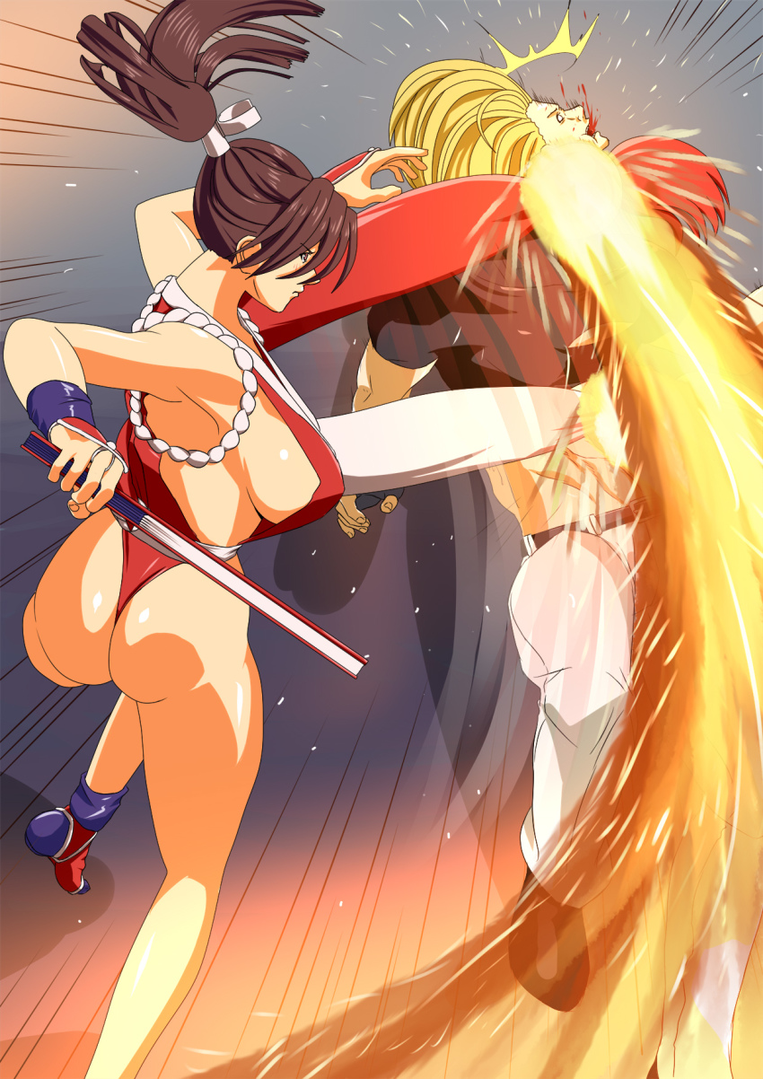 1boy 1girl ass battle blonde_hair blood breasts brown_hair fatal_fury fire gloves highres large_breasts legs nikaidou_benimaru ninja panties pants ponytail red_panties revealing_clothes serious shiranui_mai snk the_king_of_fighters thong underwear