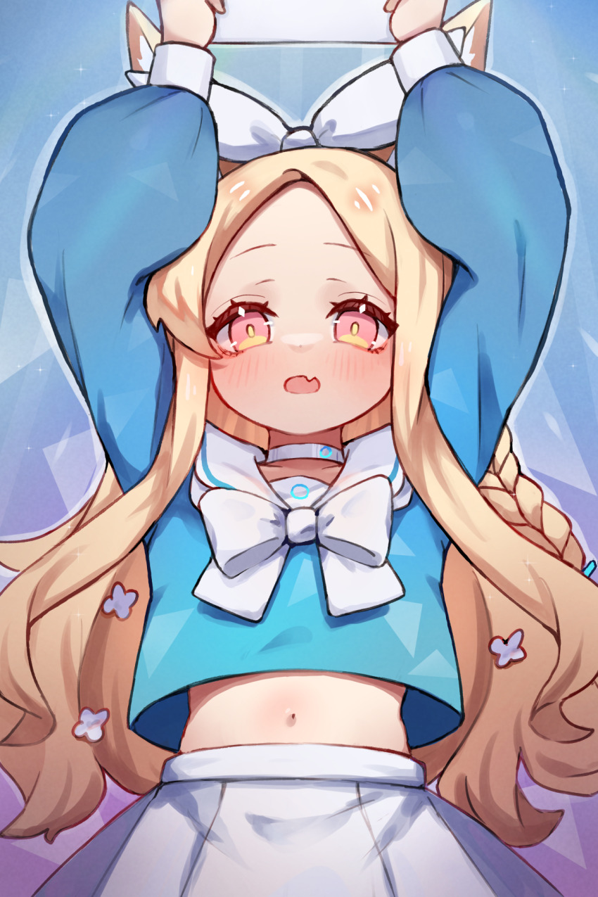 1girl animal_ears arms_up arona_(blue_archive) arona_(blue_archive)_(cosplay) blonde_hair blue_archive blue_shirt blush bow braid choker cosplay fang fox_ears fox_girl hair_bow highres long_hair long_sleeves looking_at_viewer midriff miya_(miyaruta) navel open_mouth pink_eyes puffy_long_sleeves puffy_sleeves sailor_collar sailor_shirt seia_(blue_archive) shirt skin_fang skirt solo wavy_hair white_bow white_choker white_sailor_collar white_skirt