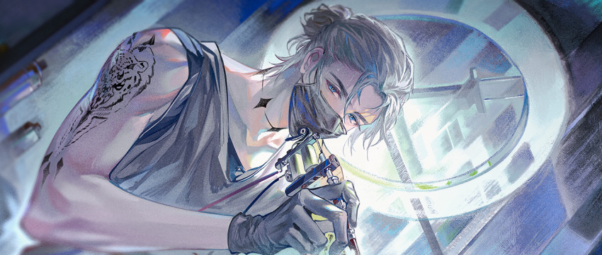 1boy arm_tattoo black_gloves blue_eyes cable collarbone covered_mouth gloves grey_hair hair_bun holding jewelry looking_down male_focus mask mouth_mask neck_tattoo necklace original single_hair_bun sleeveless solo tank_top tattoo upper_body yinzinmiemie