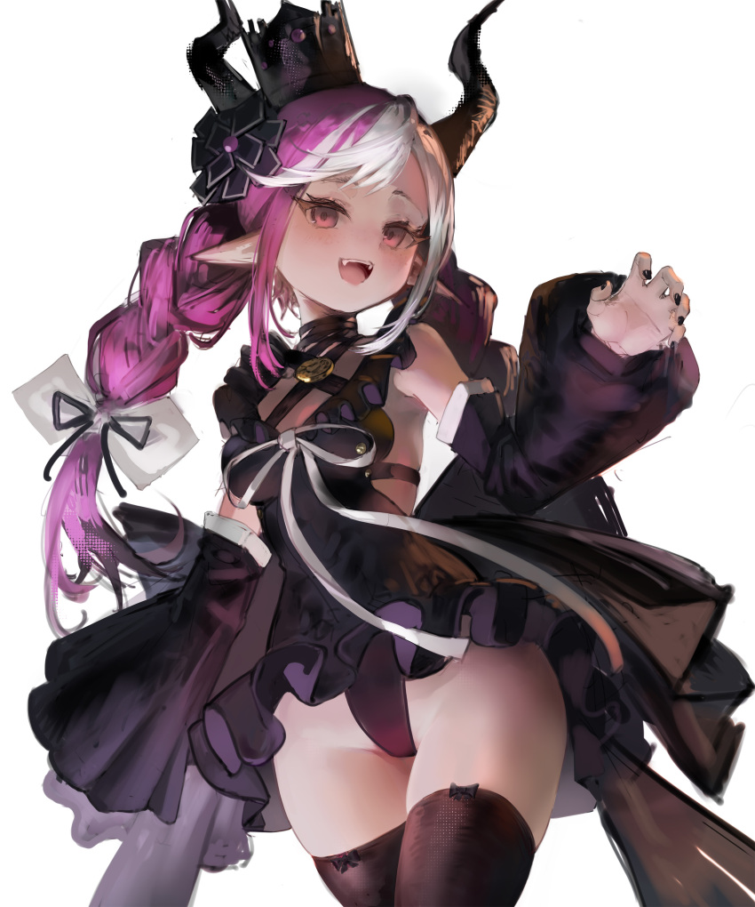 1girl absurdres black_dress black_flower black_horns black_thighhighs braid detached_sleeves dress flower highres hk_(hk) horns long_hair master_detective_archives:_rain_code multicolored_hair open_mouth pink_hair pointy_ears purple_eyes shinigami_(rain_code) solo thighhighs twin_braids two-tone_hair white_hair