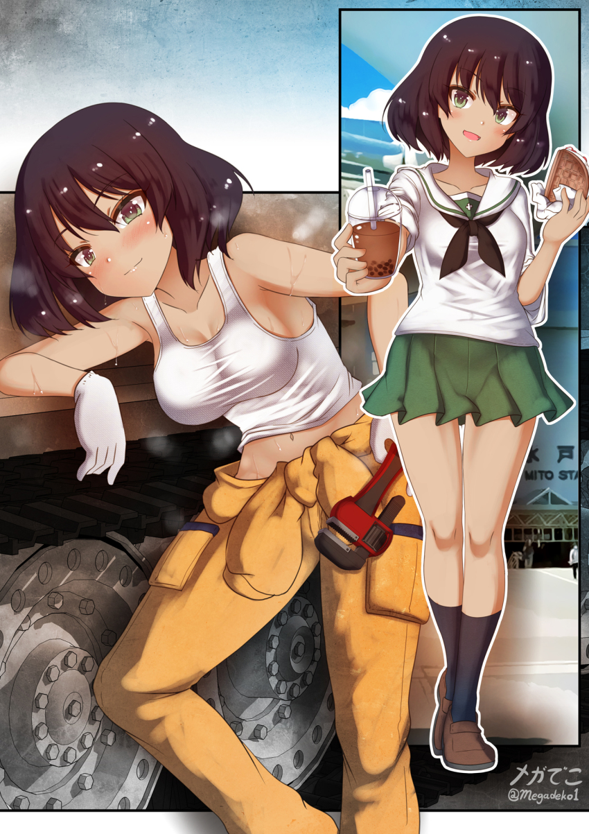 1girl 3d_background armpit_peek black_hair blush breasts bubble_tea cleavage closed_mouth collarbone drink engineer food girls_und_panzer gloves green_eyes green_skirt highres hoshino_(girls_und_panzer) looking_at_viewer medium_breasts megadeko midriff military military_vehicle miniskirt motor_vehicle multiple_views navel ooarai_school_uniform open_mouth photo_background pleated_skirt school_uniform short_hair skirt smile sweat tank tank_top tomboy white_gloves white_tank_top