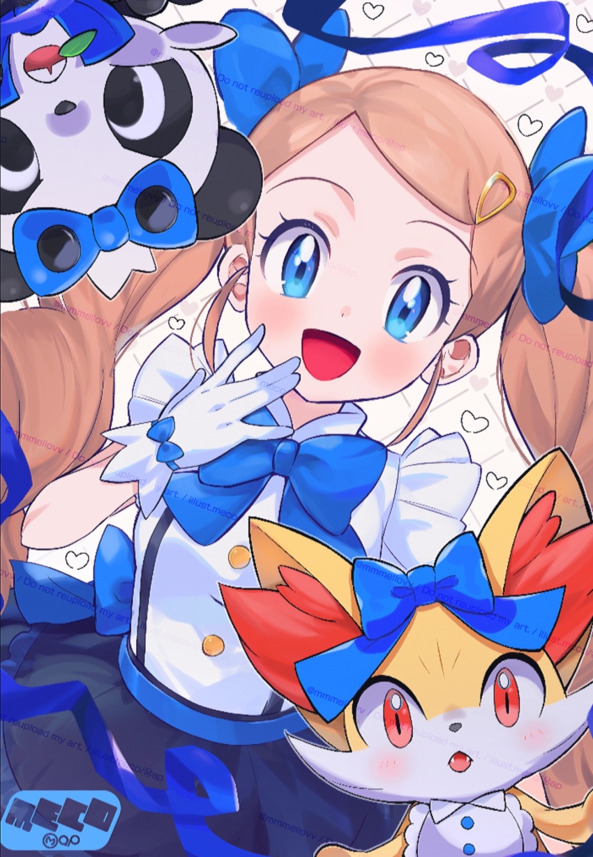 1girl :d abe_(kumayu) black_skirt blonde_hair blue_bow blue_bowtie blue_eyes blush bow bowtie buttons commentary_request eyelashes fennekin gen_6_pokemon gloves hair_bow hair_ornament hairclip hand_up happy heart highres long_hair looking_at_viewer nintendo open_mouth pancham pokemon pokemon_(anime) pokemon_(creature) pokemon_xy_(anime) serena_(pokemon) shirt short_sleeves skirt smile white_gloves white_shirt