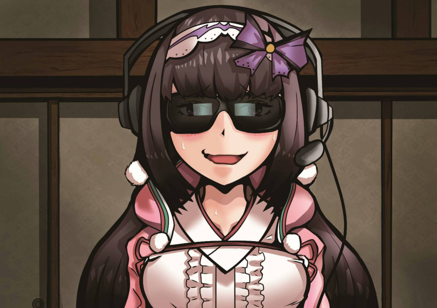1girl breasts brown_hair chikiji_(chickchickjo) commentary_request fate/grand_order fate_(series) hairband headset jacket large_breasts long_hair nervous_smile osakabehime_(fate) pink_jacket purple_eyes smile solo sweat upper_body wavy_mouth white_hairband