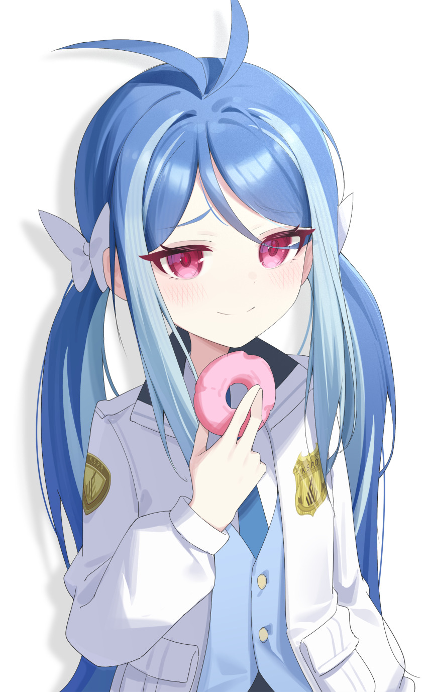 1girl absurdres antenna_hair blue_archive blue_hair blue_necktie blue_vest bow closed_mouth donut drop_shadow food fubuki_(blue_archive) hair_bow highres holding holding_donut holding_food jacket jei_(user_tckk7448) long_sleeves looking_at_viewer necktie no_headwear open_clothes open_jacket red_eyes shadow shirt simple_background solo upper_body vest white_background white_jacket white_shirt