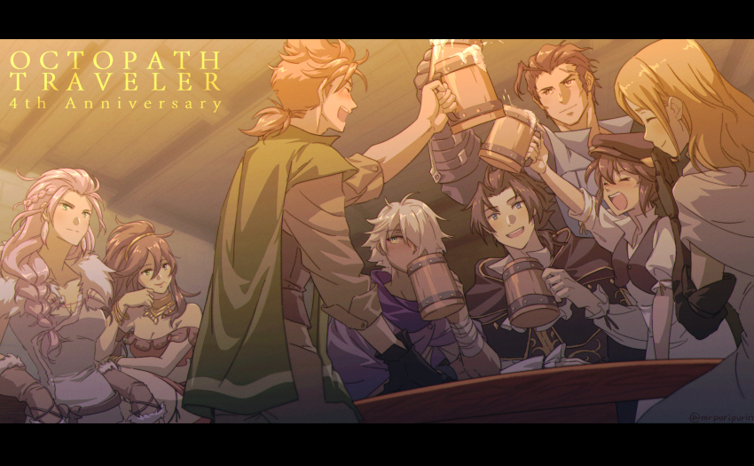 4boys 4girls absurdres alfyn_(octopath_traveler) anniversary armor artist_name bar_(place) beer_mug black_gloves blue_eyes bracelet breasts brown_hair brown_headwear cape cleavage closed_eyes copyright_name cup cyrus_(octopath_traveler) drinking fur_trim gauntlets gloves green_cape h&#039;aanit_(octopath_traveler) hair_over_one_eye hat highres indoors jewelry korina_(mrpuripurin) letterboxed long_hair mixed-language_commentary mug multiple_boys multiple_girls necklace octopath_traveler octopath_traveler_i olberic_eisenberg ophilia_(octopath_traveler) pink_hair primrose_azelhart therion_(octopath_traveler) tressa_(octopath_traveler) white_hair