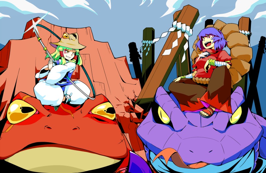 2girls animal bandaged_arm bandages blonde_hair blue_hair blue_vest bracelet brown_skirt cliff cloud colored_sclera facial_tattoo fangs forked_tongue frog gamabunta grin hair_tubes hairband highres hoop jewelry laughing manda_(naruto) moriya_suwako multiple_girls naruto_(classic) naruto_(series) onbashira open_mouth outdoors oversized_animal own_hands_together puffy_pants pyonta red_eyes red_shirt rope shimenawa shirt sidelocks skirt sky slit_pupils smile snake tattoo toad_(animal) tomo_(touajukou) tongue touhou vest wide_sleeves yasaka_kanako yellow_eyes yellow_sclera