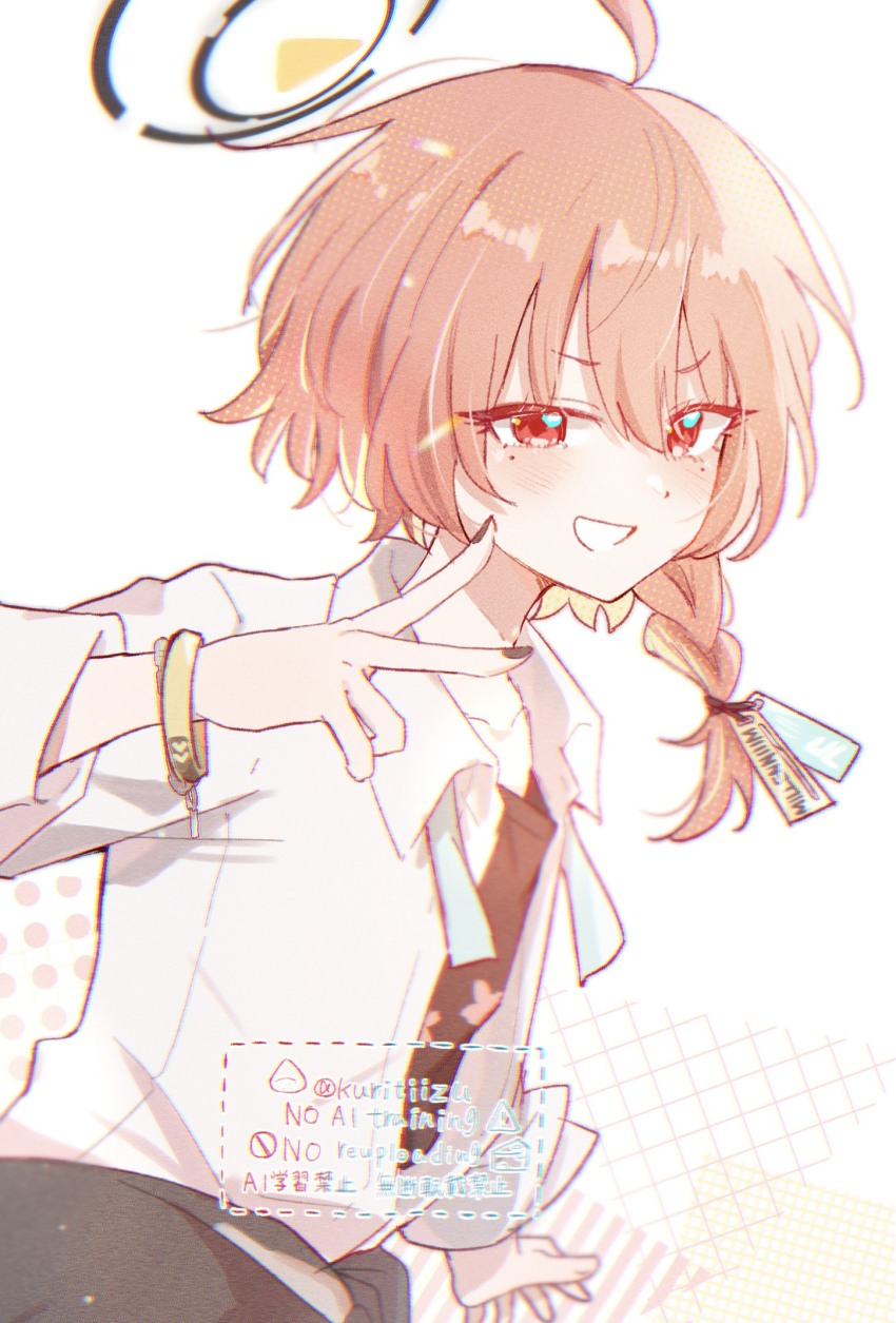 1girl :d ahoge artist_name black_halo black_nails blue_archive blush bracelet braid collared_shirt commentary_request eyelashes eyes_visible_through_hair grin hair_between_eyes halo hand_up happy highres id_card jewelry kuritiizu long_sleeves looking_at_viewer mole mole_under_each_eye mole_under_eye multiple_moles nail_polish neru_(blue_archive) neru_(school_uniform)_(blue_archive) official_alternate_costume open_mouth orange_hair red_eyes school_uniform shirt short_hair simple_background single_braid smile solo tsurime v v-shaped_eyebrows white_background white_shirt