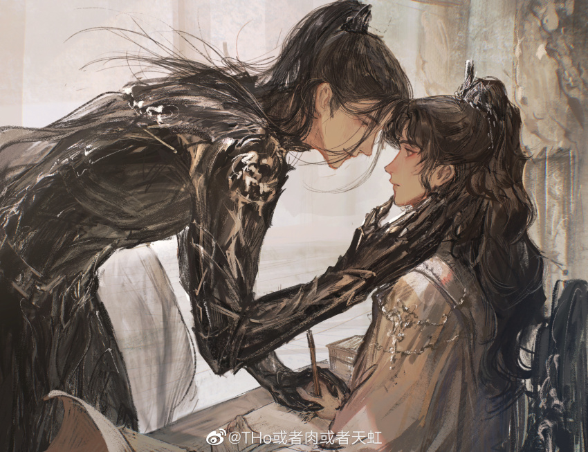 2boys absurdres armor armored_gloves black_armor black_eyes black_hair brown_eyes chang_geng chinese_clothes closed_mouth cowboy_shot crying desk eye_contact face-to-face floating_hair from_side gu_yun hand_on_another&#039;s_cheek hand_on_another&#039;s_face hanfu high_ponytail highres holding holding_hands holding_pen leaning_forward long_bangs long_hair looking_at_another male_focus multiple_boys paper parted_hair pen ponytail profile sha_po_lang sitting standing streaming_tears tears tianhongqwq upper_body watermark weibo_watermark white_hanfu writing xiao_guan_(headdress) yaoi
