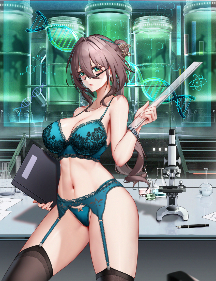 1girl absurdres aqua_bra aqua_eyes aqua_hair aqua_panties black_thighhighs bra breasts brown_hair cleavage curvy dna erlenmeyer_flask flask garter_belt garter_straps glasses hair_between_eyes hair_bun hair_ornament highres holding holding_notebook holding_ruler holographic_monitor honkai:_star_rail honkai_(series) indoors large_breasts looking_at_viewer medium_hair microskirt multicolored_hair navel nib_pen_(object) notebook panties pen round-bottom_flask ruan_mei_(honkai:_star_rail) semi-rimless_eyewear sidelocks skirt sky_wbo standing streaked_hair table teacher thighhighs two-tone_hair under-rim_eyewear underwear