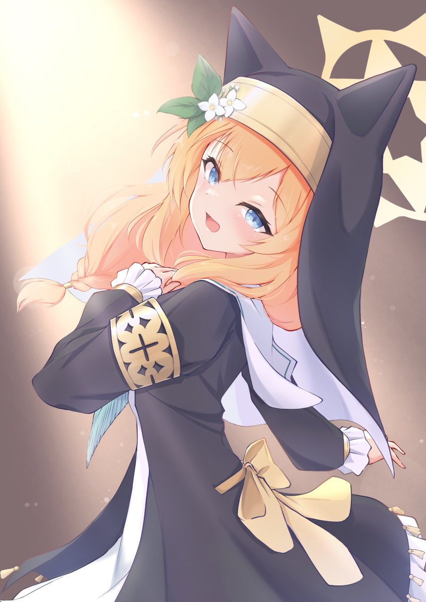 1girl absurdres animal_ear_headwear black_headwear blue_archive blue_eyes blush coif fake_animal_ears flower green_neckerchief habit halo hat hat_flower highres karupa_(karupapon) long_hair long_sleeves looking_at_viewer mari_(blue_archive) neckerchief nun open_mouth orange_hair smile solo upper_body white_flower yellow_halo