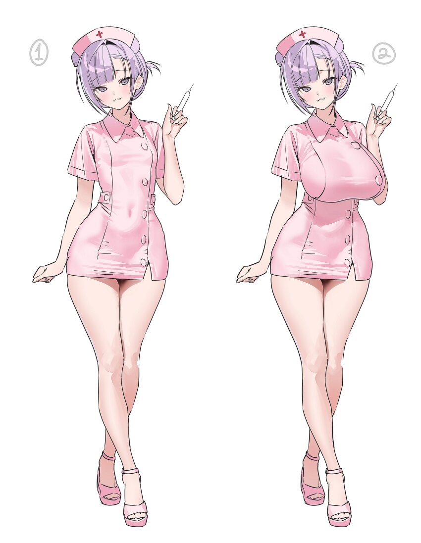 1girl :3 absurdres animal_ears breasts closed_mouth commentary covered_navel grey_eyes hat head_tilt high_heels highres holding holding_syringe kuma_4go large_breasts looking_at_viewer multiple_views nurse nurse_cap original pink_hat pink_shirt pink_shoes purple_hair shirt shoes short_hair short_sleeves sketch small_breasts smile syringe thighs variations walking