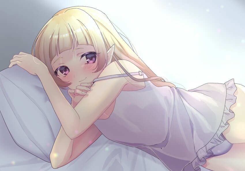 1boy armpit_crease artist_request blonde_hair blush camisole closed_mouth cowboy_shot elf frilled_camisole frills highres kabuto_mushi_shop long_hair looking_at_viewer lying male_focus messy_hair on_bed on_side one-hour_drawing_challenge pijamas pillow pointy_ears princess_connect! purple_eyes smile solo source_request split_mouth thighs trap white_background white_camisole yuki_(princess_connect!)