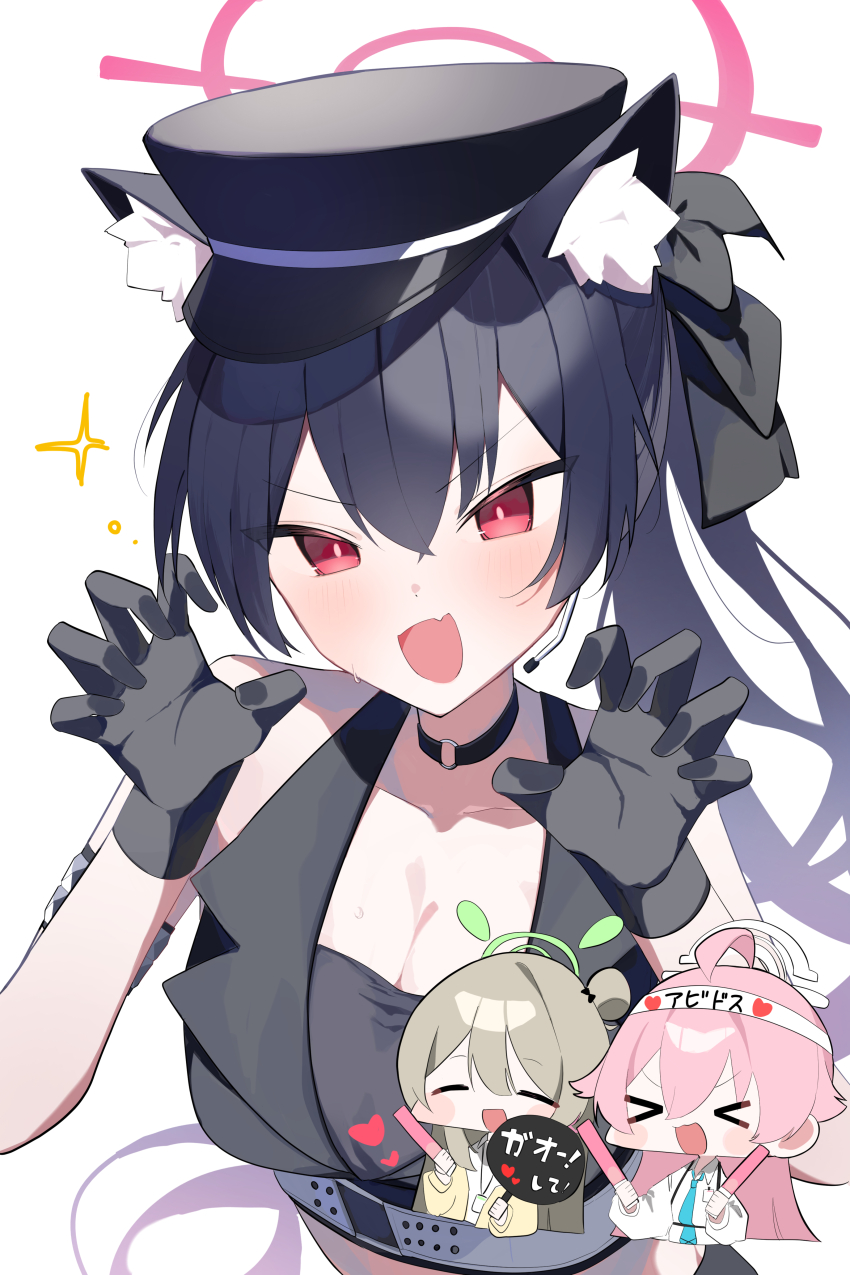 1girl absurdres animal_ear_fluff animal_ears bare_shoulders black_choker black_gloves black_hair black_ribbon black_vest blue_archive cat_ears cat_girl choker earpiece gloves hair_ribbon halo highres hoshino_(blue_archive) nonomi_(blue_archive) o-ring o-ring_choker red_eyes red_halo ribbon serika_(blue_archive) serika_(idol)_(blue_archive) solo_focus sparkle sukasusu_51te vest