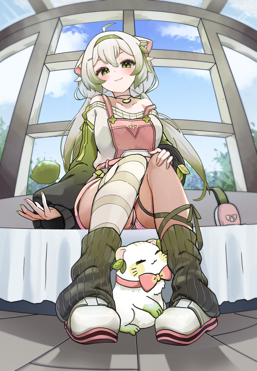 1boy 1girl :3 absurdres ahoge animal animal_ears asymmetrical_legwear bare_shoulders bed blue_sky bow bowtie cloud commentary ferret ferret_ears ferret_girl food fruit gradient_hair green_eyes green_hair hairband head_tilt highres jewelry laimu_(vtuber) laimu_(vtuber)_(cozy) leaf lime_(fruit) lime_necklace lime_slice limon_(laimu) long_hair multicolored_hair necklace on_bed overalls pink_overalls ribbon shia_makino sitting sky smile socks sweater thighhighs thighs tree twintails two-tone_hair uwu vinesauce virtual_youtuber white_hair window