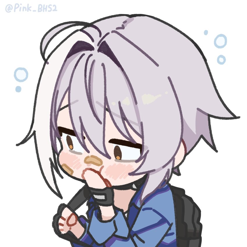 ahoge backpack bag bandaid bandaid_on_face bandaid_on_nose blue_jacket blush chibi covering_own_mouth fingerless_gloves food_in_mouth gloves goddess_of_victory:_nikke grey_hair hair_between_eyes hair_intakes highres jacket mori_(nikke) multicolored_hair pink_bhs2 short_hair sidelocks speech_bubble streaked_hair twitter_username yellow_eyes