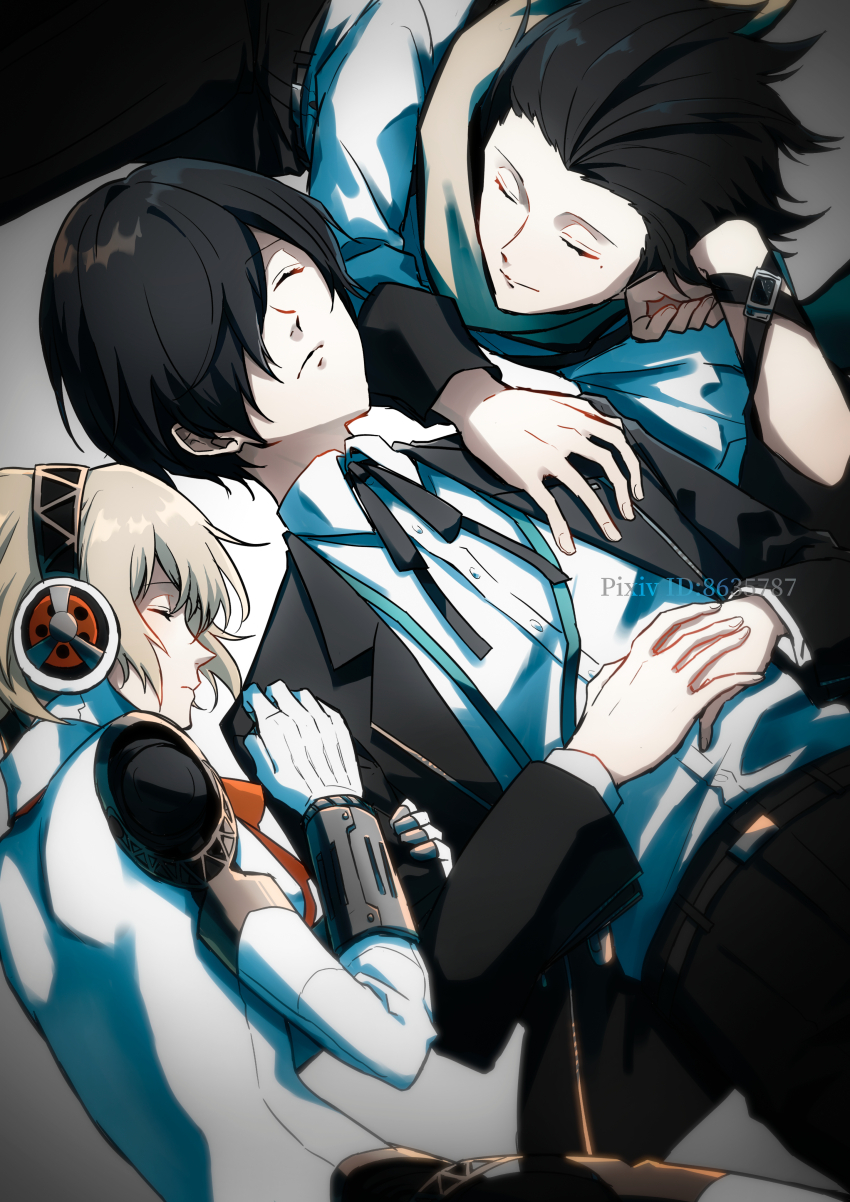 1girl 2boys absurdres aigis_(persona) android black_hair black_ribbon blonde_hair closed_eyes eme_(204) gekkoukan_high_school_uniform hand_on_another&#039;s_shoulder highres joints lying mochizuki_ryouji multiple_boys on_back on_side persona persona_3 red_ribbon ribbon robot_joints scarf school_uniform sleeping yuuki_makoto_(persona_3)