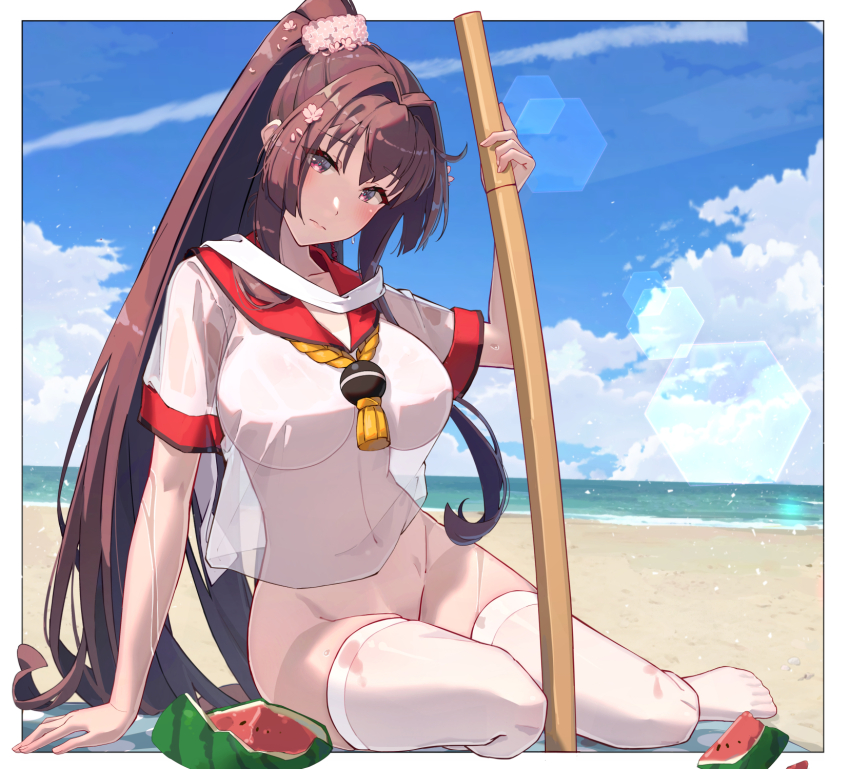 1girl alternate_costume beach beach_towel blue_sky bokken bottomless breasts brown_hair closed_mouth cloud commentary_request covered_navel food fruit hair_intakes highres himeyamato kantai_collection large_breasts legs_apart long_hair no_panties ocean parted_bangs planted planted_sword planted_weapon red_eyes revision sand school_uniform see-through_clothes see-through_shirt serafuku shirasaya shirt sidelocks sitting sky solo stained_clothes stained_thighhighs suikawari sword thighhighs towel very_long_hair watermelon weapon white_thighhighs wooden_sword yamato_(kancolle) yokozuwari
