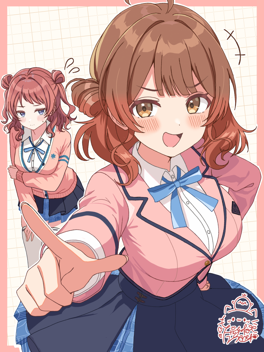 2girls absurdres black_skirt blue_eyes blue_skirt blush breasts brown_hair commentary_request fingernails gakuen_idolmaster hanami_saki hanami_ume hatsuboshi_gakuen_school_uniform highres hiyoko_neneko idolmaster large_breasts looking_at_viewer medium_hair multiple_girls open_mouth red_hair school_uniform siblings sisters skirt two-tone_skirt