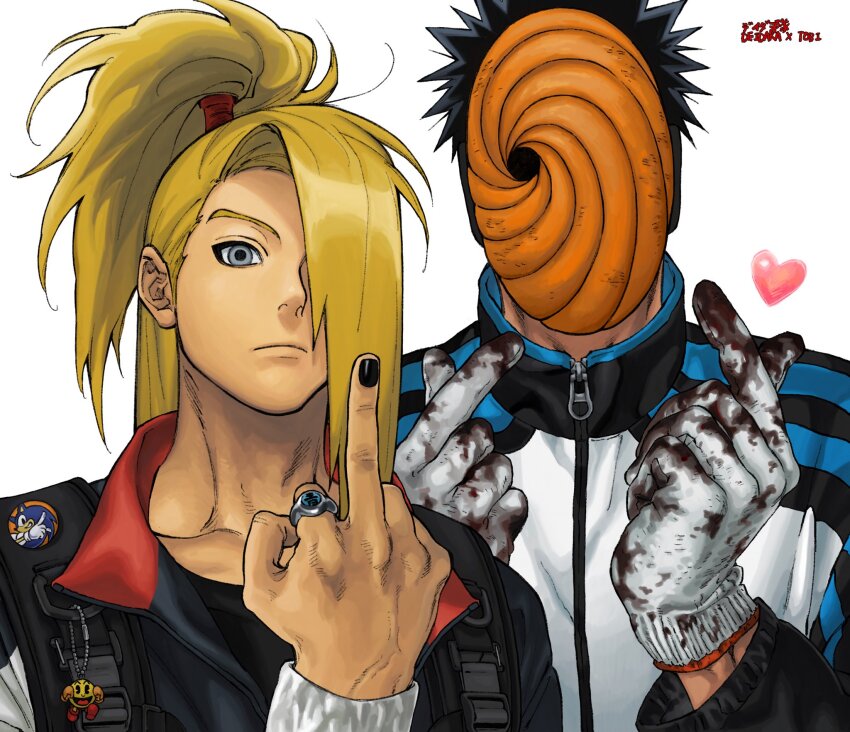 2boys alternate_costume badge bag_charm black_hair black_nails blonde_hair blood blood_on_gloves blood_on_hands button_badge cameo charm_(object) commentary covered_face deidara_(naruto) double_finger_heart facing_viewer finger_heart gloves grey_eyes hair_over_one_eye hand_up hands_up heart highres jewelry long_hair long_sleeves looking_at_viewer male_focus mask middle_finger multiple_boys naruto_(series) naruto_shippuuden one_eye_covered ponytail ring simple_background sonic_(series) sonic_the_hedgehog symbol-only_commentary tobi_(naruto) topknot uchiha_obito umkaqryi upper_body white_background white_gloves zipper