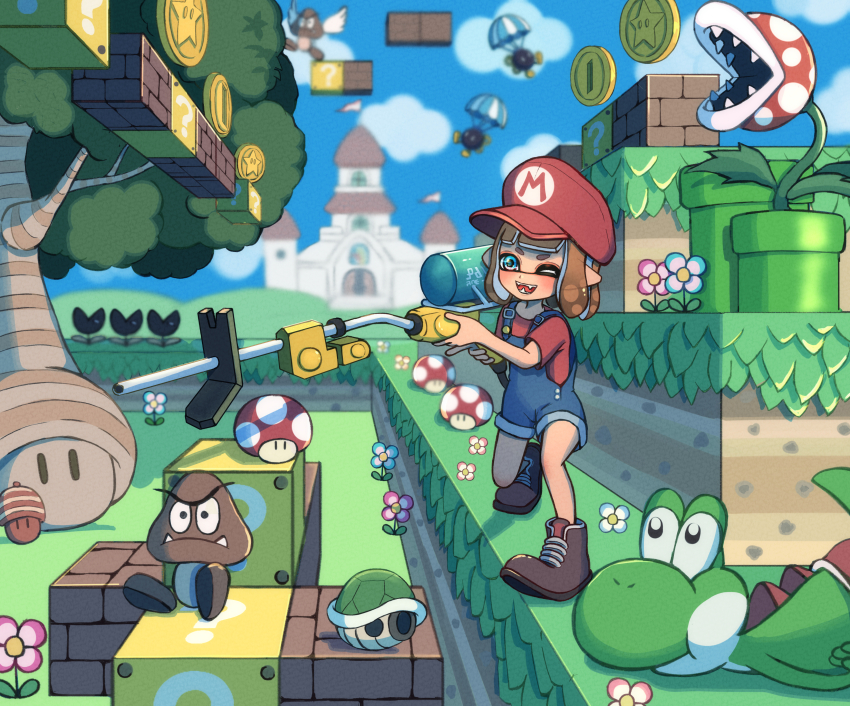 1girl ;d ?_block absurdres block_(mario) blue_eyes blue_flower blue_shorts blue_sky blunt_bangs blush boots brick brown_footwear castle closed_mouth cloud coin commentary_request cosplay crossover day e-liter_3k_(splatoon) fangs feathered_wings flower flying frown goomba grass green_shell_(mario) gun hat highres holding holding_gun holding_weapon inkling inkling_girl inkling_player_character lying mario mario_(cosplay) mario_(series) moromi_(kscd4482) muncher new_super_mario_bros._u nintendo on_stomach one_eye_closed open_mouth orange_hair outdoors overall_shorts overalls parabomb parachute paragoomba pink_flower piranha_plant pointy_ears princess_peach&#039;s_castle red_headwear red_shirt scenery sharp_teeth shirt short_eyebrows short_hair short_sleeves shorts sidelocks sky smile splatoon_(series) standing star_coin_(mario) super_acorn super_mushroom teeth tentacle_hair tree tusks v-shaped_eyebrows warp_pipe weapon white_wings wings yoshi