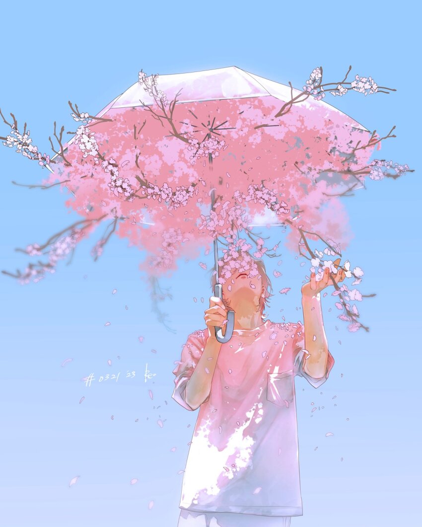 1boy arms_up blue_background branch cherry_blossoms closed_mouth covered_face cowboy_shot dated falling_petals flower highres holding holding_umbrella light_brown_hair original petals pink_flower pink_shirt rido_(ridograph) shirt short_hair short_sleeves umbrella umbrella_flower