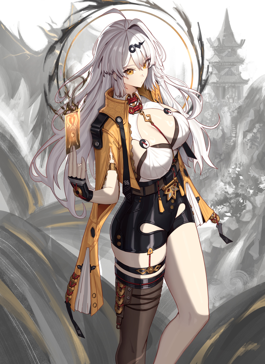 1girl absurdres black_shorts breasts fingerless_gloves gloves high-waist_shorts highres holding_ofuda large_breasts long_hair mangsik shorts single_hair_intake single_thighhigh solo thighhighs vest yellow_eyes yellow_vest yi_xuan_(zenless_zone_zero) yin_yang_pin zenless_zone_zero