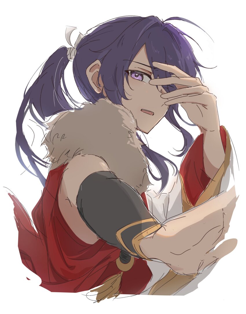1boy absurdres ahoge arm_warmers black_arm_warmers covering_own_eyes crescent cropped_torso ensemble_stars! floating_hair foreshortening from_below fur_collar furrowed_brow hair_between_eyes hair_intakes hand_up highres japanese_clothes kanzaki_souma kimono long_hair long_sleeves looking_at_viewer male_focus motoyui open_mouth ponytail purple_eyes purple_hair reaching reaching_towards_viewer red_kimono sidelocks simple_background single_arm_warmer solo tassel teeth upper_teeth_only white_background white_kimono whiten_wolf wide_sleeves