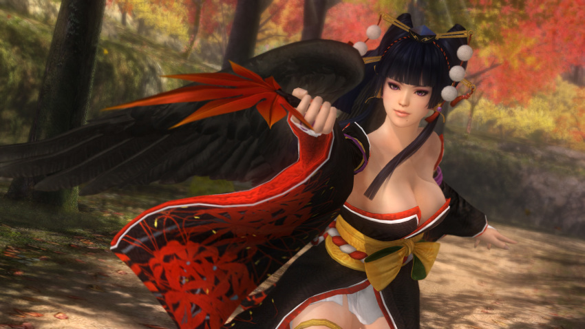 1girl 3d bare_shoulders black_hair black_wings blunt_bangs breasts cleavage cowboy_shot dead_or_alive dead_or_alive_5 detached_sleeves female_focus forest hand_fan highres japanese_clothes large_breasts long_hair medium_breasts nature no_bra nyotengu obi official_art outdoors purple_eyes revealing_clothes sash screencap solo tecmo tree wide_sleeves wings