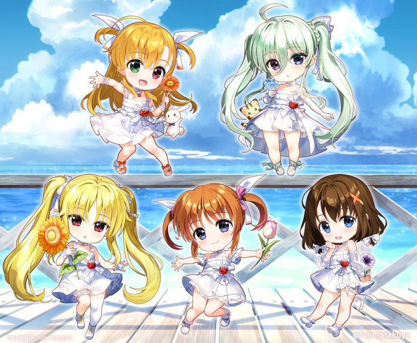 5girls :d ahoge bare_shoulders blonde_hair blue_eyes blue_flower blue_sky blush braid brown_hair chibi closed_mouth cloud cloudy_sky commentary_request day dress einhard_stratos fate_testarossa flower fujima_takuya green_eyes green_hair heterochromia holding holding_flower horizon lyrical_nanoha mahou_shoujo_lyrical_nanoha merchandise_available mini_person minigirl multiple_girls ocean official_art open_mouth orange_flower outdoors parted_lips pink_flower purple_eyes purple_flower railing red_eyes red_flower sandals shoes single_thighhigh sky sleeveless sleeveless_dress smile takamachi_nanoha thighhighs twintails twitter_username vivio water white_dress white_sandals white_shoes white_thighhighs yagami_hayate