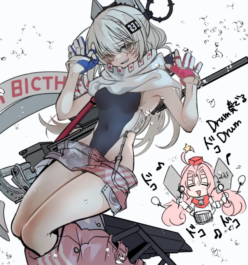 2girls air_bubble american_flag american_flag_print anno88888 artistic_error asymmetrical_gloves black_one-piece_swimsuit blue_gloves breasts brown_eyes bubble clothes_writing commentary_request denim denim_skirt drum_(kancolle) flag_print garrison_cap gloves grey_hair grin hair_ornament hat headgear highleg highleg_one-piece_swimsuit highres instrument kantai_collection leg_warmers long_hair medium_breasts mismatched_gloves multiple_girls music musical_note one-piece_swimsuit partially_fingerless_gloves pink_hair playing_instrument red_gloves rigging scarf simple_background skirt smile star_(symbol) star_hair_ornament swimsuit typo wahoo_(kancolle) wahoo_kai_(kancolle) white_background white_gloves white_scarf