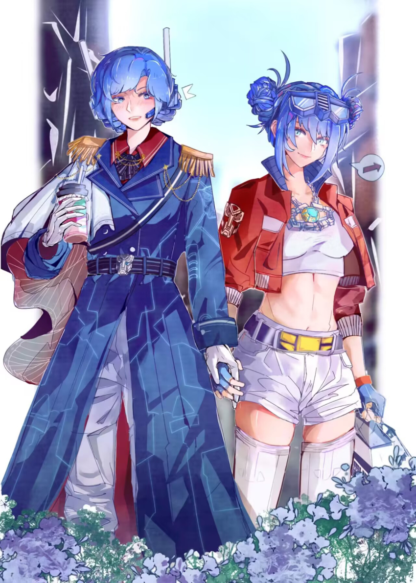 2girls arrow_(symbol) autobot belt black_belt blue_belt blue_eyes blue_flower blue_hair blue_jacket briefcase collared_shirt cup double_bun elmar_(snowied) eyewear_on_head flower genderswap genderswap_(mtf) glasses gloves grey_pants grey_shorts grey_thighhighs hair_behind_ear hair_bun head_tilt headset highres holding holding_briefcase holding_cup holding_hands humanization jacket kotobukiya_bishoujo looking_to_the_side matrix_of_leadership midriff multiple_girls navel optimus_prime optimus_prime_(kotobukiya_bishoujo) pants parted_lips red_jacket red_shirt shirt shorts smile thighhighs transformers ultra_magnus walking white_gloves white_thighhighs yuri