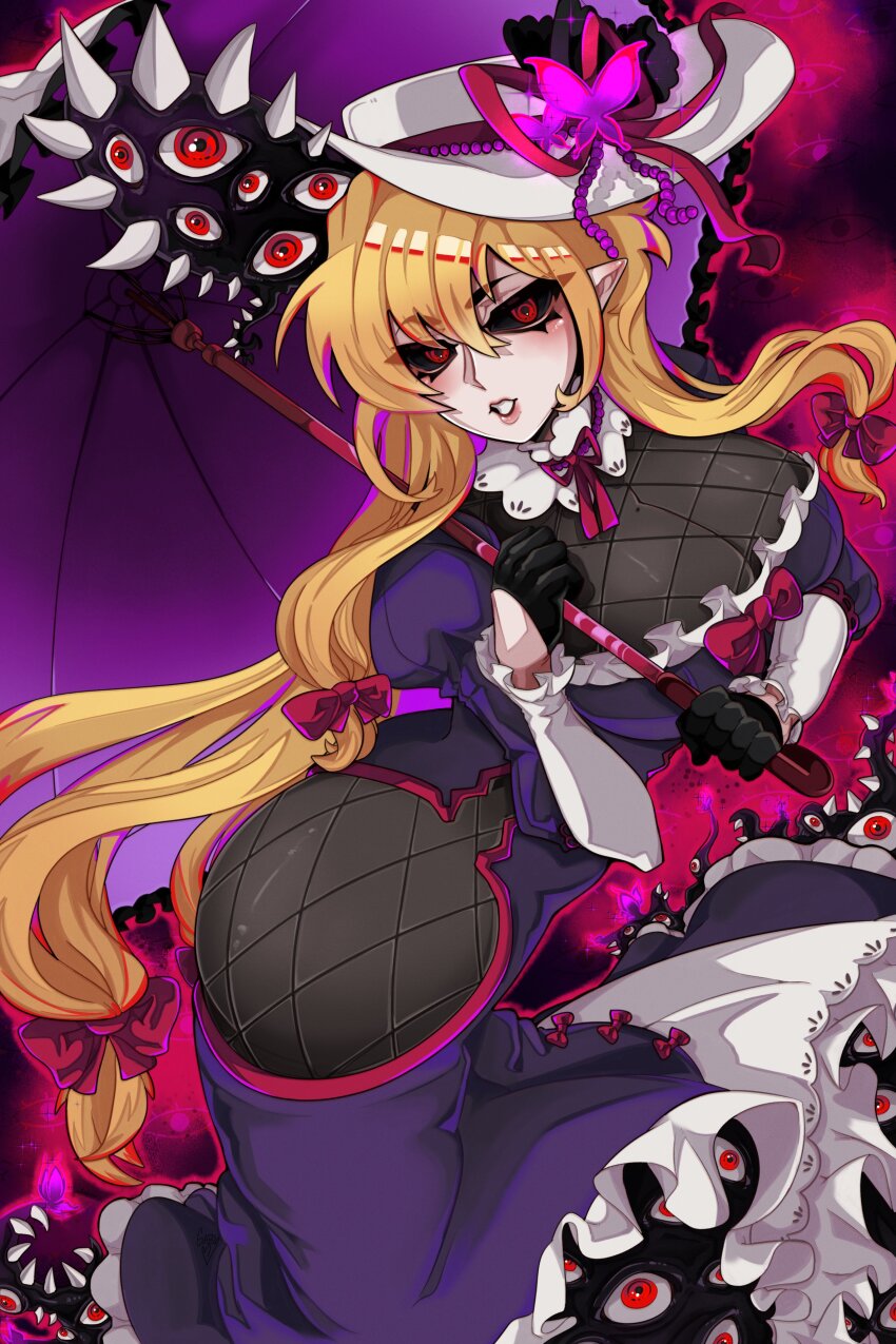 1girl absurdres adapted_costume black_gloves black_sclera blonde_hair blush bow breasts cleavage colored_sclera commentary double-parted_bangs dress english_commentary fan_over_face fishnet_fabric frilled_dress frilled_sleeves frills full_body gap_(touhou) gloves hair_between_eyes hair_bow hand_fan hat highres holding holding_fan holding_umbrella large_breasts lips long_hair long_sidelocks long_sleeves looking_at_viewer makeup mole mole_on_breast multiple_hair_bows pointy_ears purple_dress red_bow red_eyes rinnytanart sidelocks simple_background solo standing touhou umbrella very_long_hair white_hat yakumo_yukari