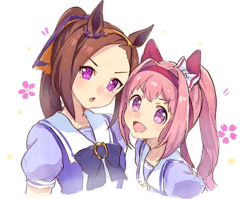 2girls :d :o animal_ears black_bow black_bowtie bow bowtie brown_hair commentary ear_bow ear_covers ear_scrunchie english_commentary hairband haru_urara_(umamusume) highres horse_ears long_hair long_sleeves looking_at_viewer moko39_takasora multiple_girls open_mouth pink_eyes pink_hair ponytail puffy_long_sleeves puffy_sleeves purple_eyes red_hairband sakura_bakushin_o_(umamusume) school_uniform simple_background smile tracen_school_uniform umamusume white_background