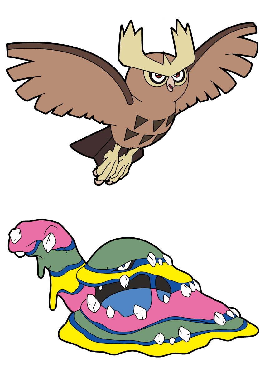 absurdres alolan_form alolan_muk bird brown_eyes commentary_request gen_2_pokemon gen_7_pokemon highres looking_up masami_01st nintendo no_humans noctowl open_mouth owl pokemon pokemon_(creature) simple_background talons white_background